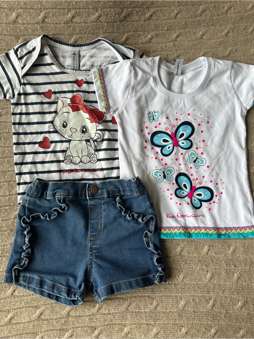 EUC 3pc Baby Girl Outfit Set, Kitty, Butterflies, & Jean Ruffles, 12-18 Months